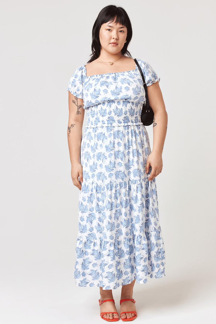 White Blue Floral Off Shoulder Midi Dress - Trixxi Clothing
