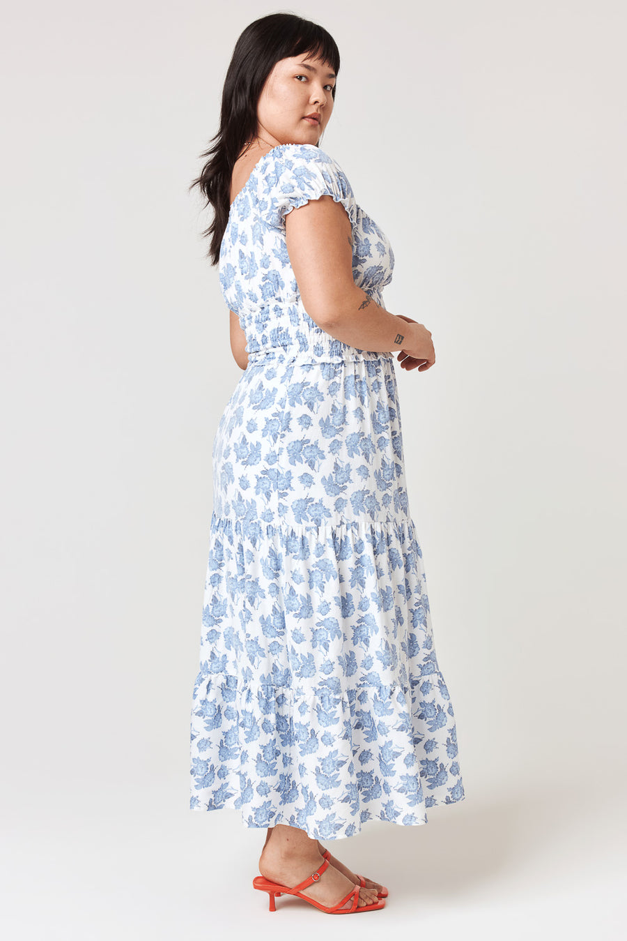 White Blue Floral Off Shoulder Midi Dress - Trixxi Clothing