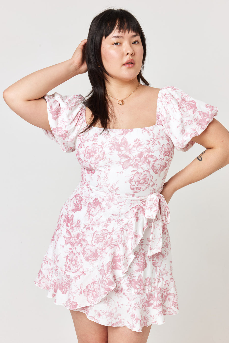White Pink Floral Puff Sleeve Wrap Dress - Trixxi Clothing