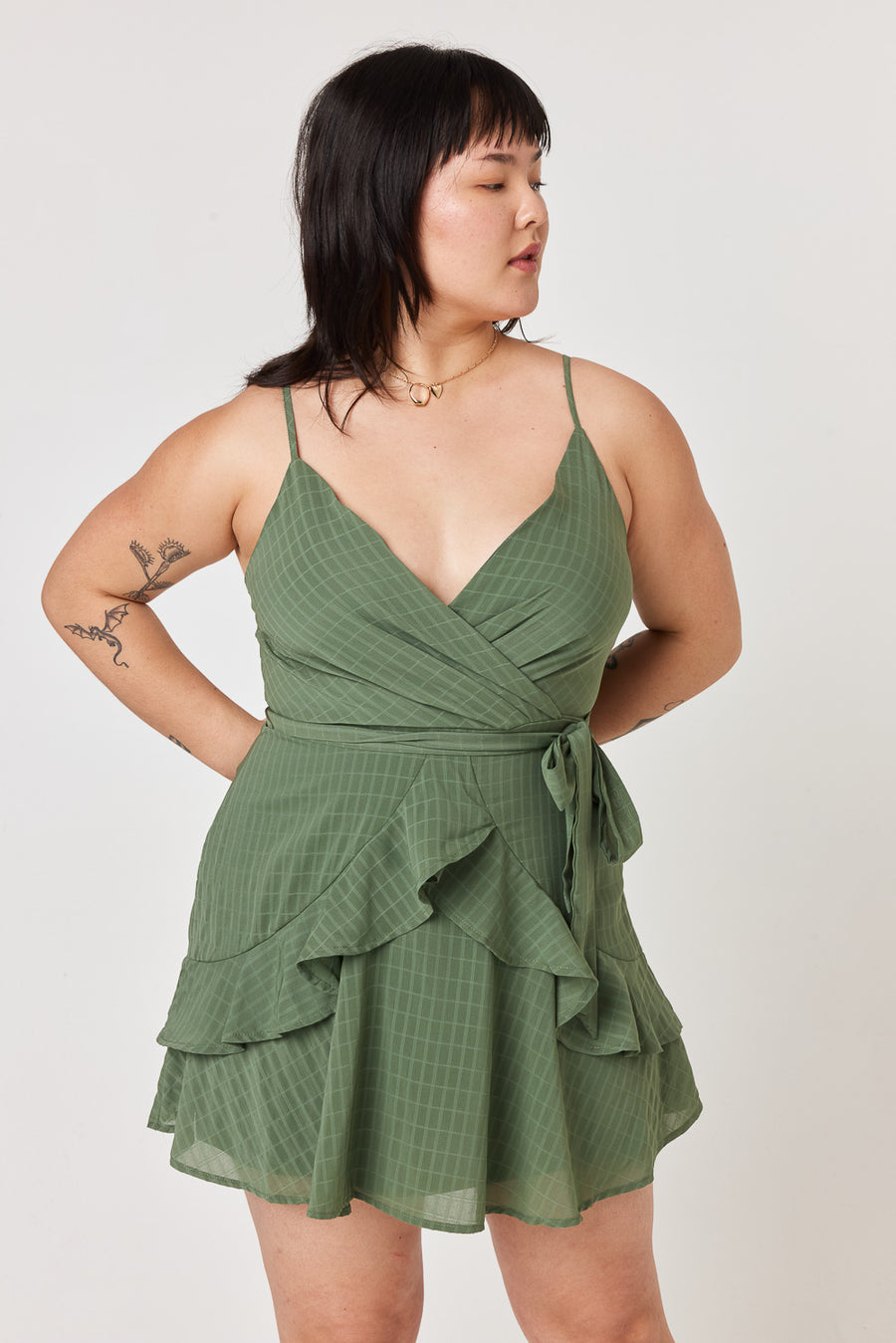Olive Strappy Ruffle Dress - Trixxi Clothing