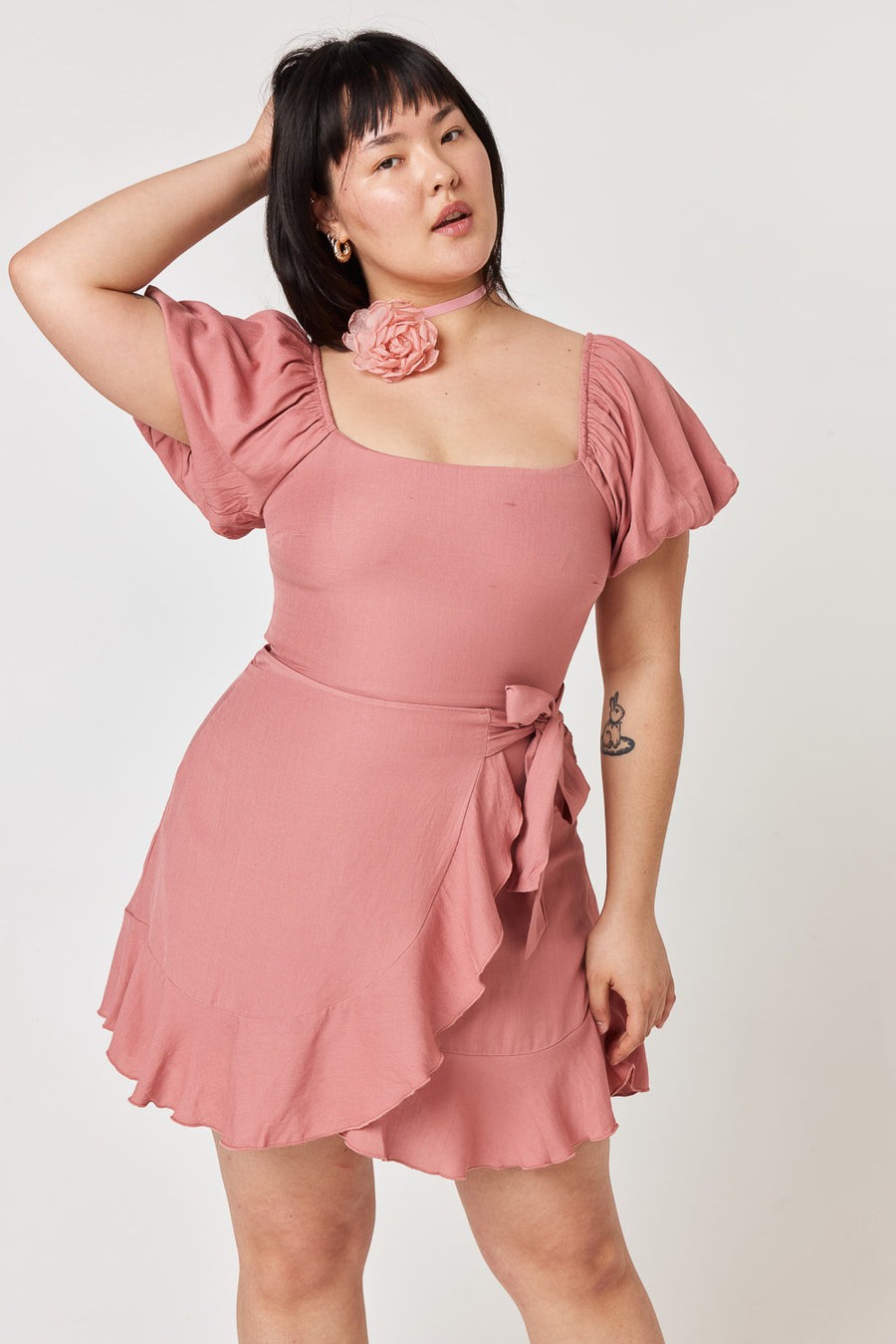 Rose Puff Sleeve Wrap Dress - Trixxi Clothing