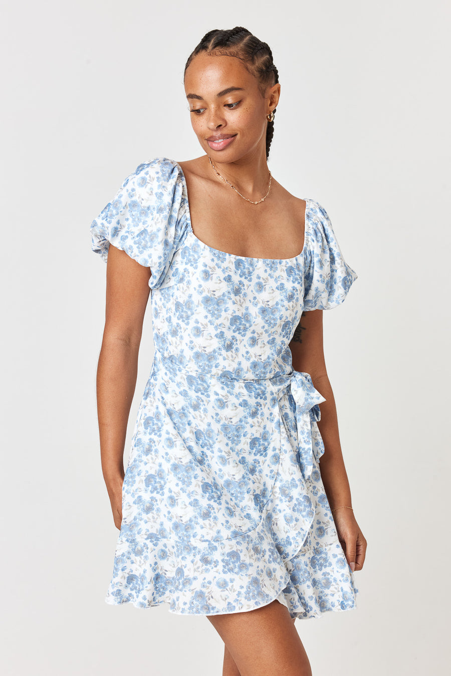 Ivory Blue Floral Puff Sleeve Wrap Dress - Trixxi Clothing