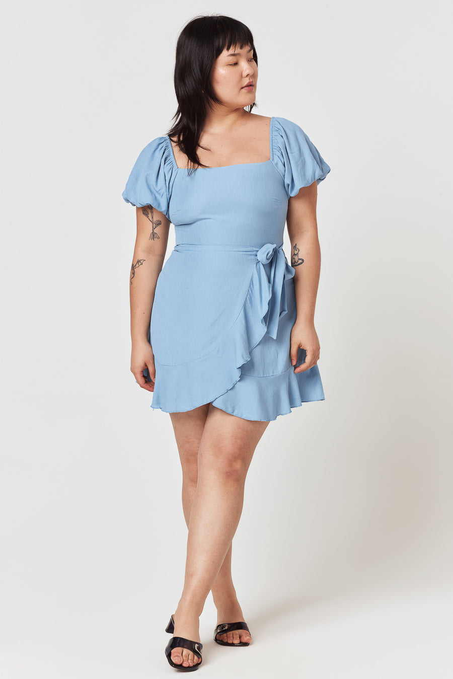 Slate Blue Puff Sleeve Wrap Dress - Trixxi Clothing