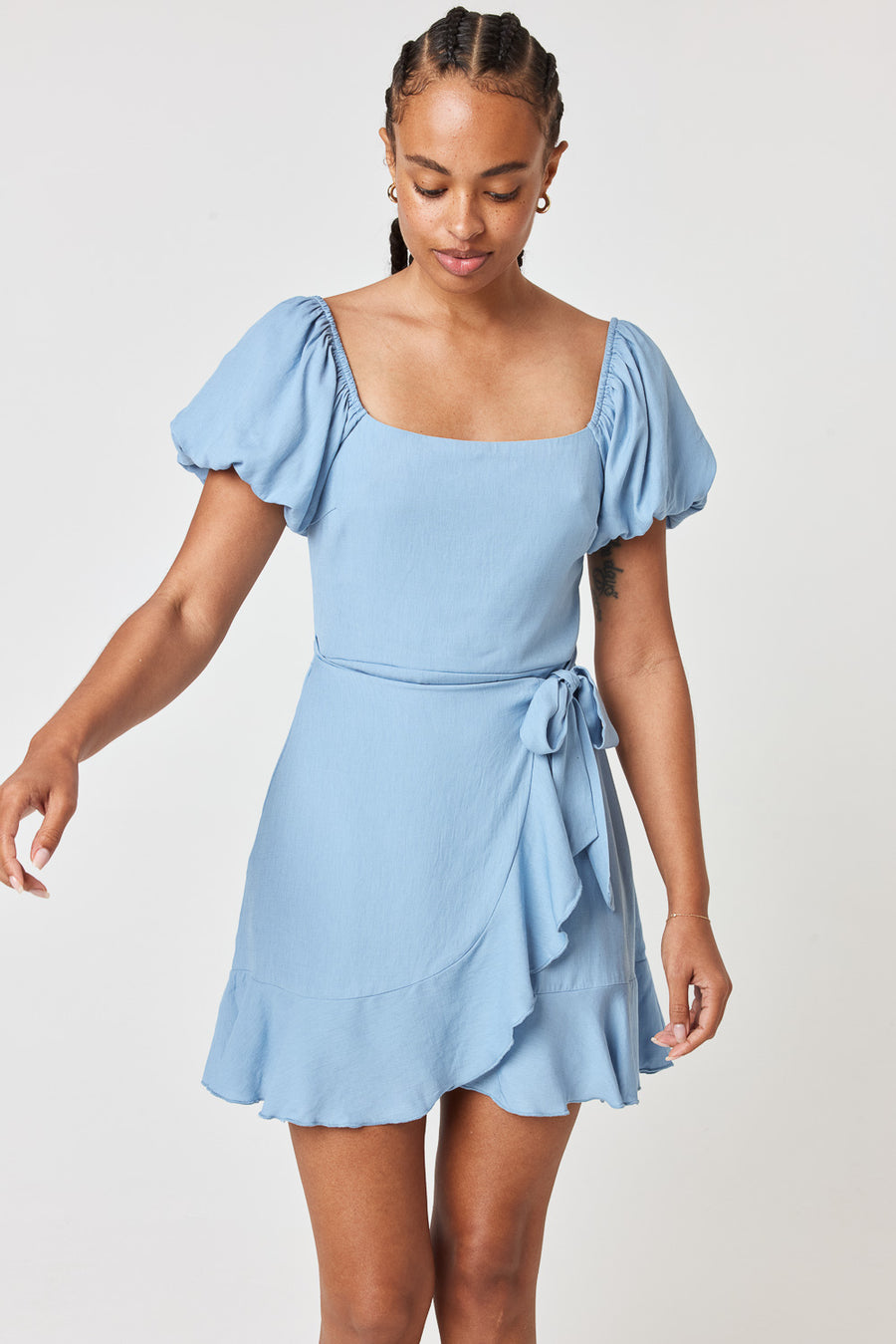 Slate Blue Puff Sleeve Wrap Dress - Trixxi Clothing