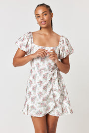 Ivory Rose Floral Puff Sleeve Wrap Dress - Trixxi Clothing