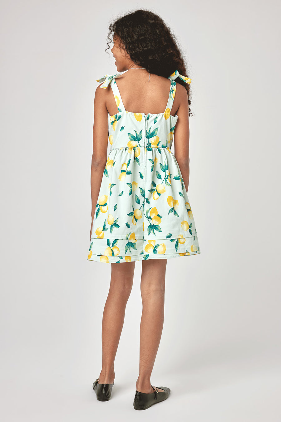 Kids Mint Lemon Floral Tie Shoulder Dress - Trixxi Clothing