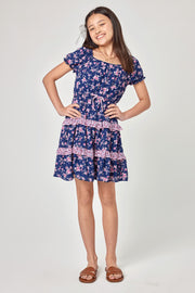 Kids Navy/Pink Floral Scrunched Nick SS Dress - Trixxi Clothing