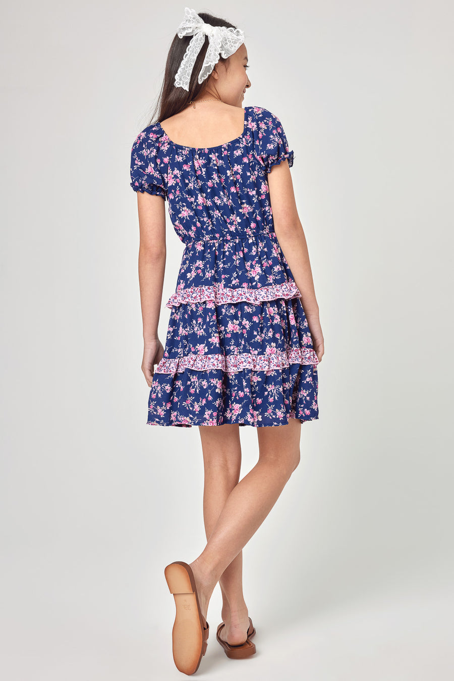 Kids Navy/Pink Floral Scrunched Nick SS Dress - Trixxi Clothing