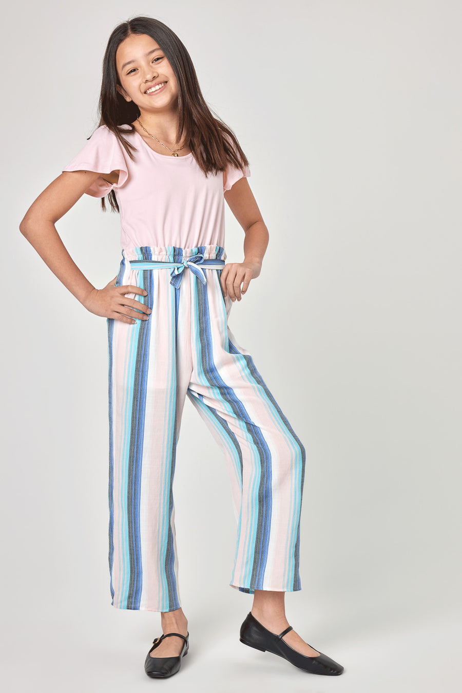 Kids Blush Multicolor Stripe Paperbag Waist Jumpsuit - Trixxi Clothing