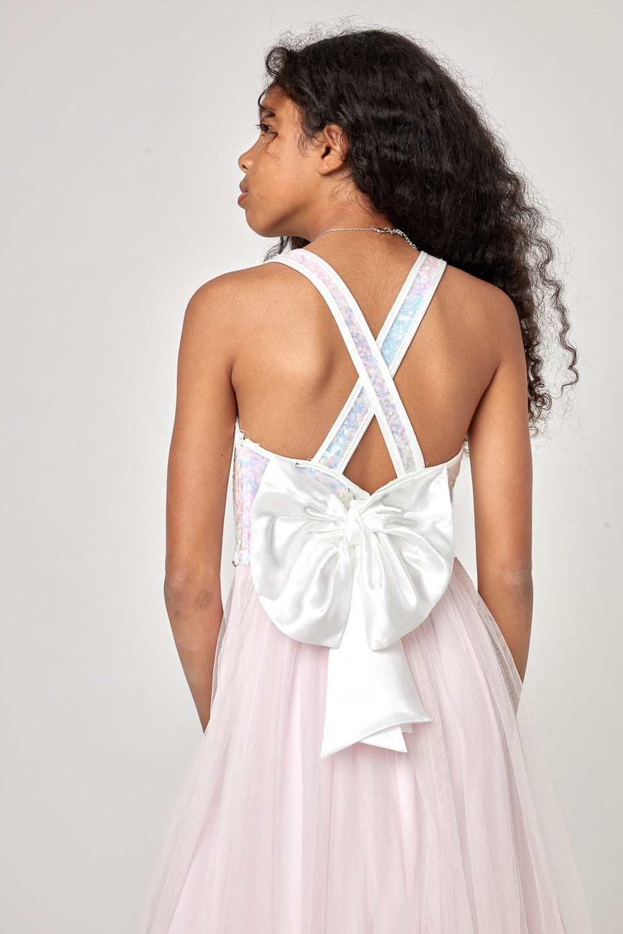Kids Ivory Sequin Back Bow Midi Dress - Trixxi Clothing