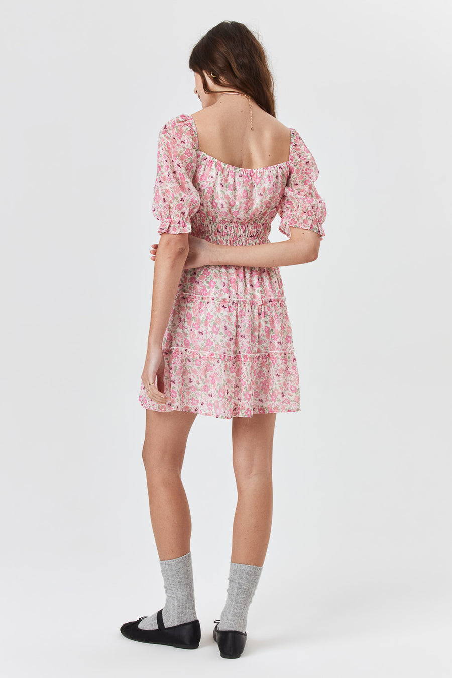 White Pink Floral Ruched Waist Tier Dress - Trixxi Clothing