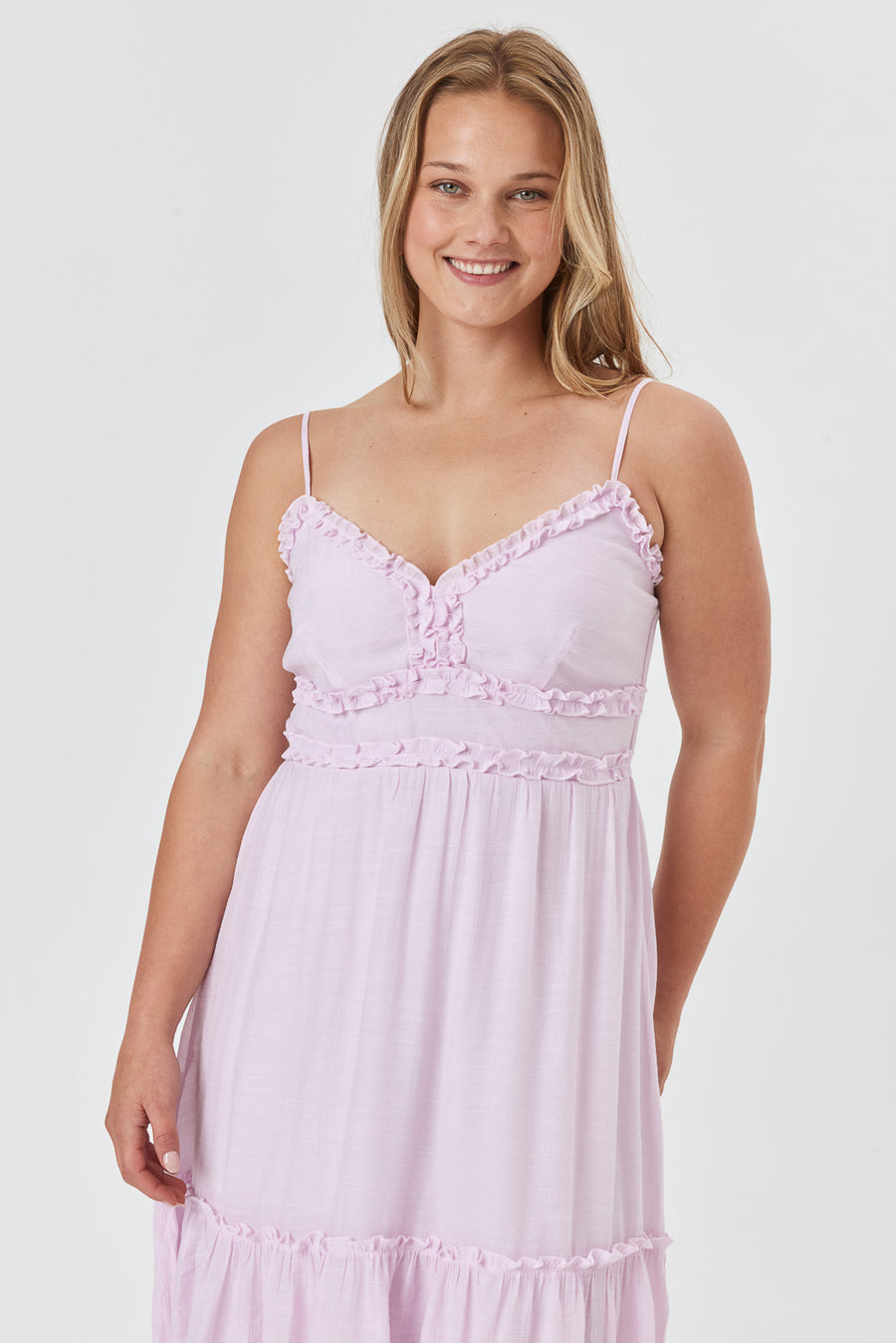 Lavender Sleeveless Ruffle Midi Dress - Trixxi Clothing
