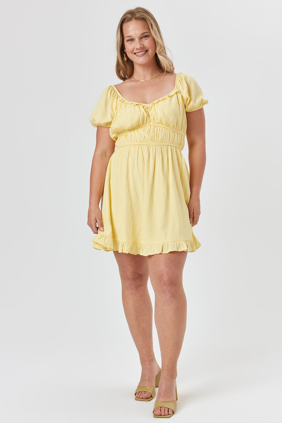 Mellow Yellow Puff Sleeve Ruffle Dress - Trixxi Clothing