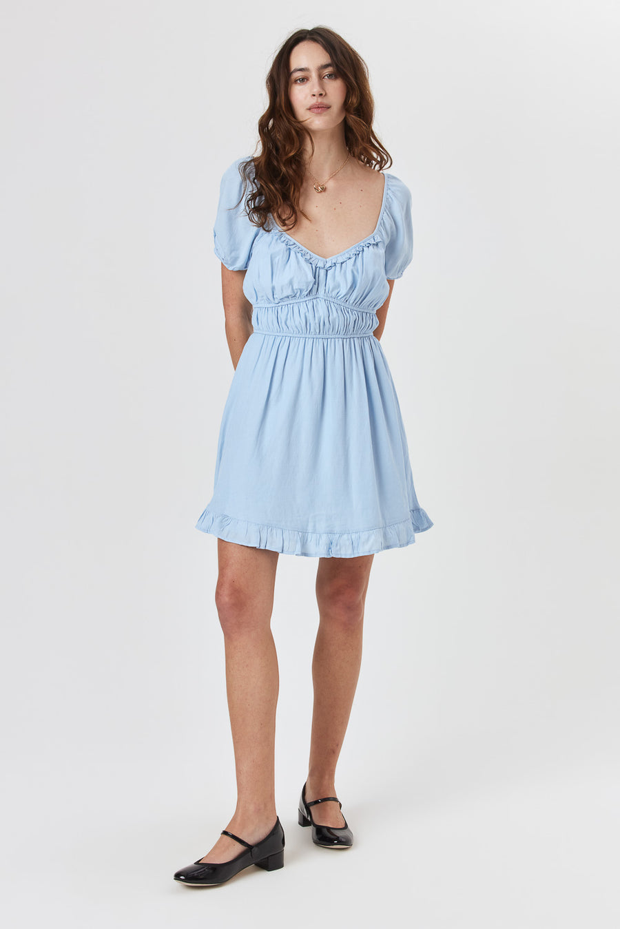Skyway Blue Puff Sleeve Ruffle Dress - Trixxi Clothing