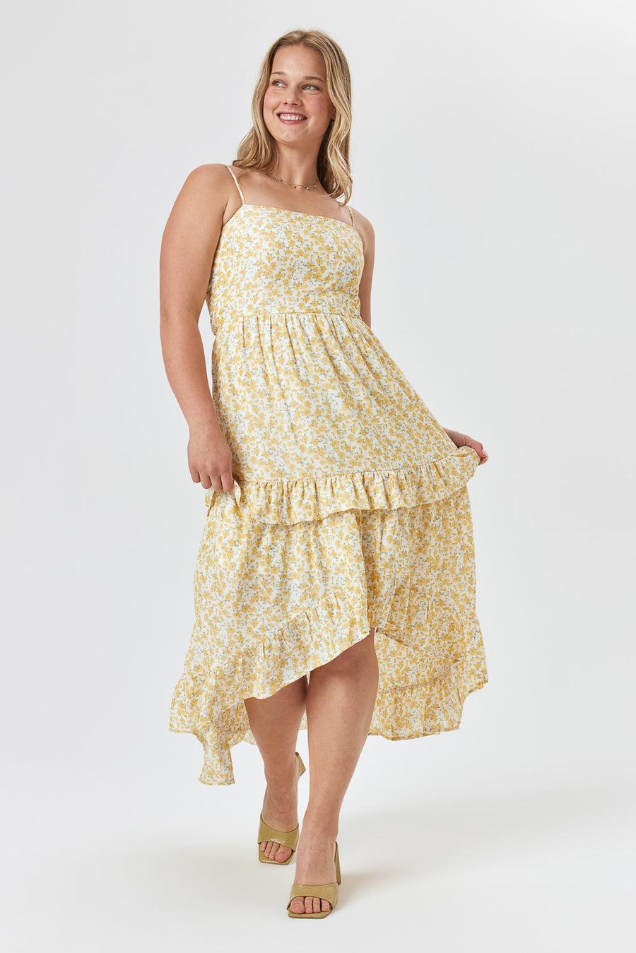 White Yellow Floral Hi Low Midi Dress - Trixxi Clothing