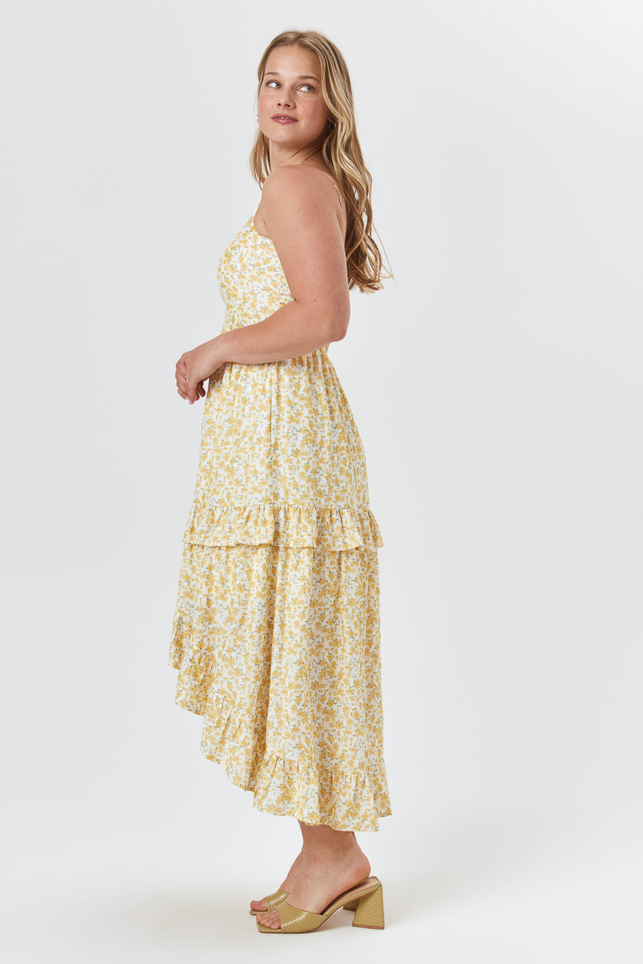 White Yellow Floral Hi Low Midi Dress - Trixxi Clothing