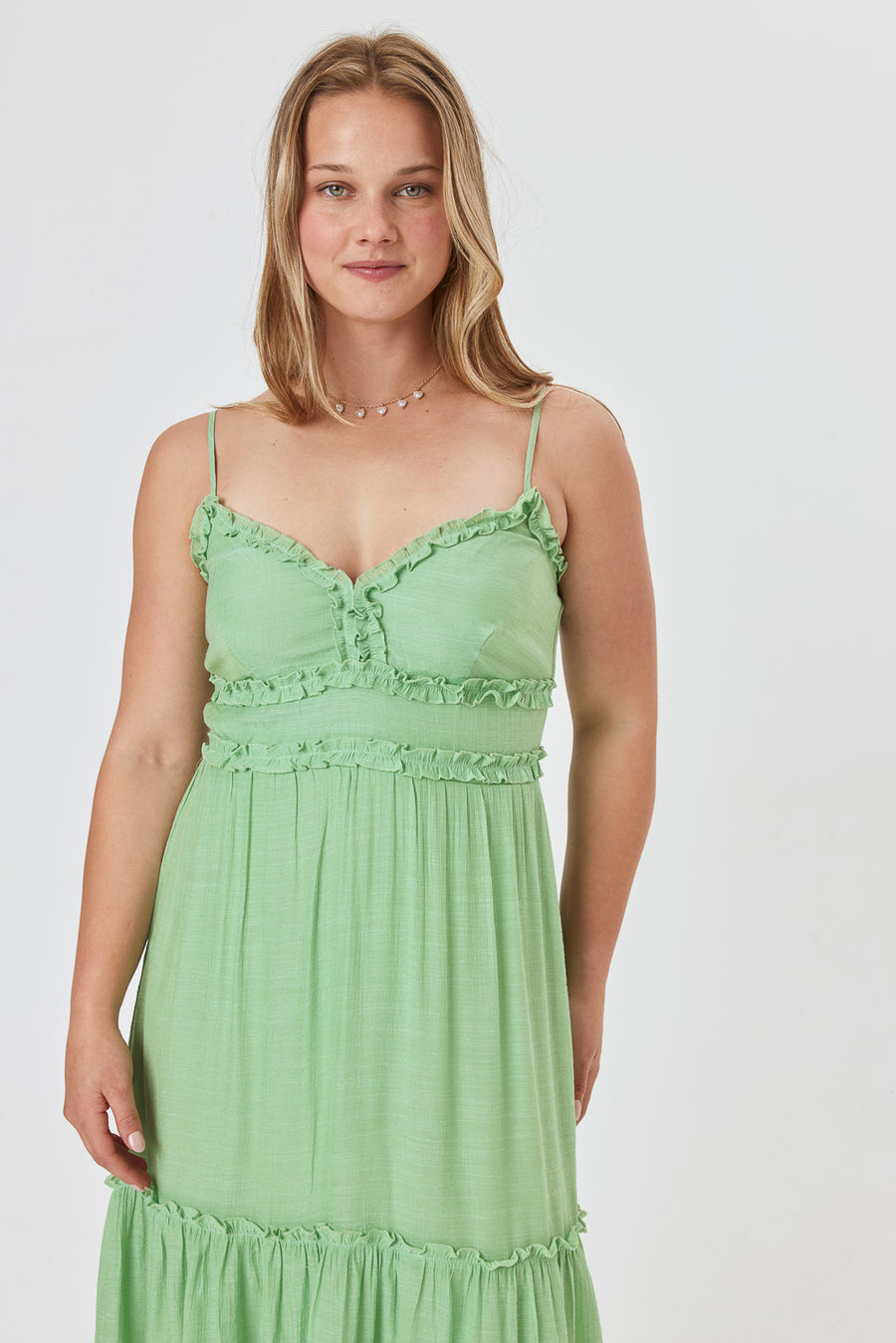 Light Green Sleeveless Ruffle Midi Dress - Trixxi Clothing