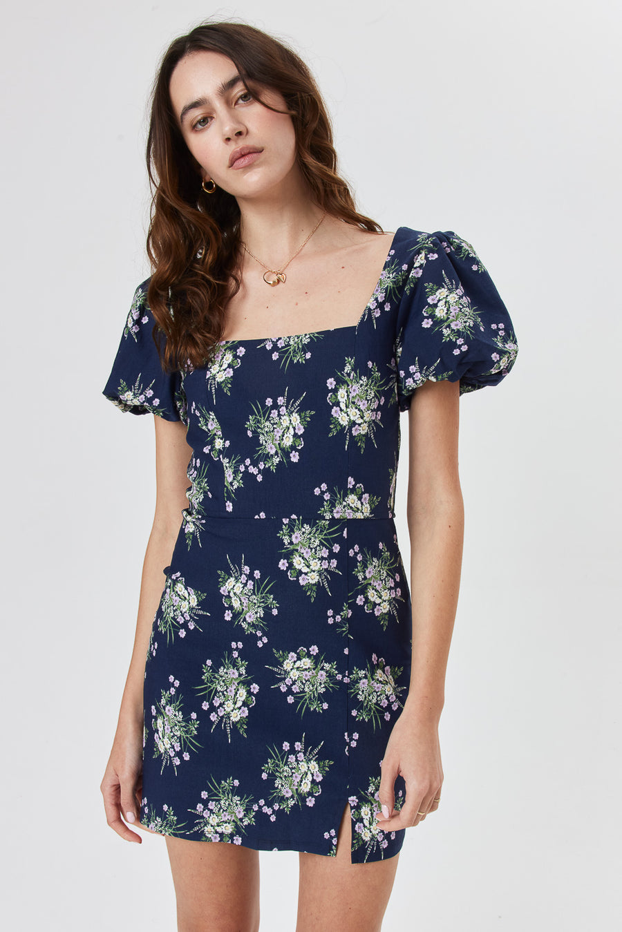 Navy Floral Puff Sleeve Dress - Trixxi Clothing