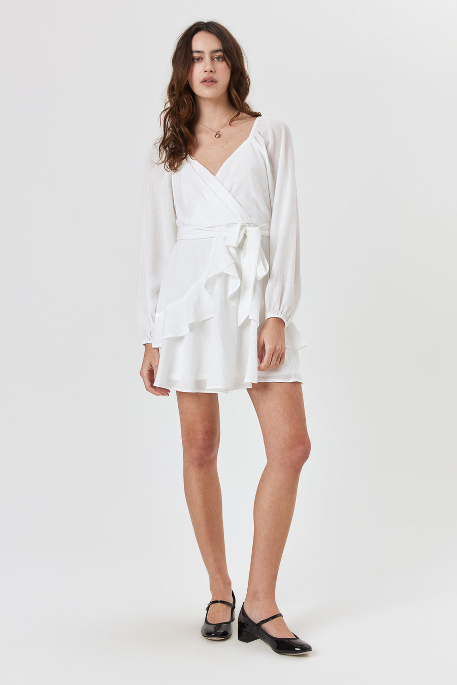 White Long Sleeve Wrap Skater Dress - Trixxi Clothing