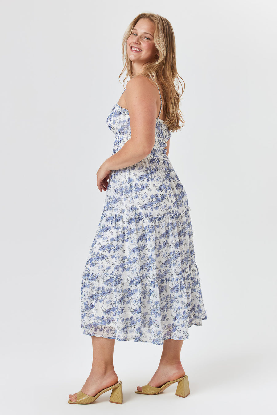 White Blue Floral Tier Emma Midi Dress - Trixxi Clothing