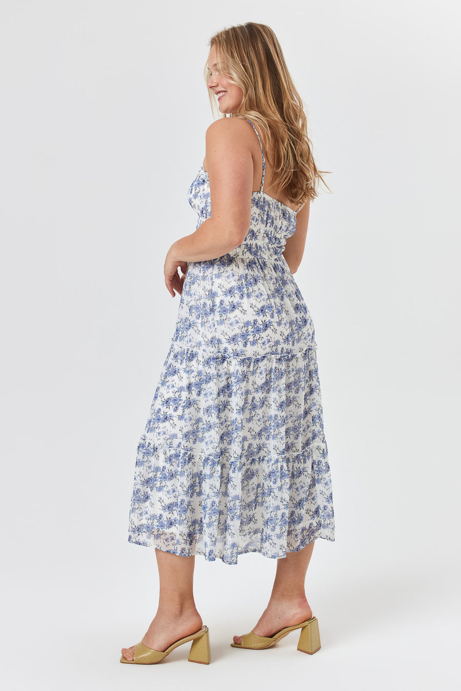 White Blue Floral Tier Emma Midi Dress - Trixxi Clothing