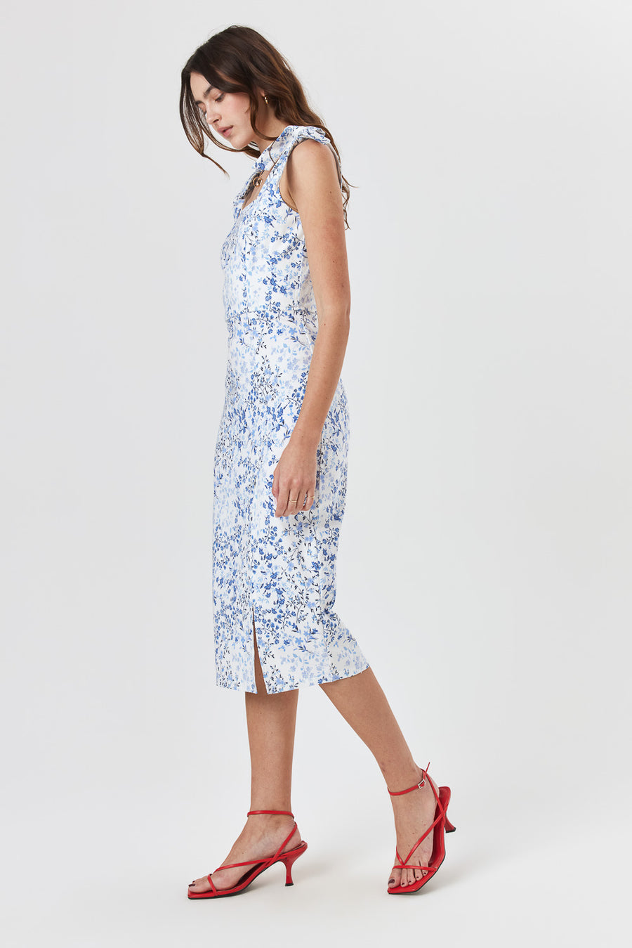 White Blue Floral Slim Midi Dress - Trixxi Clothing