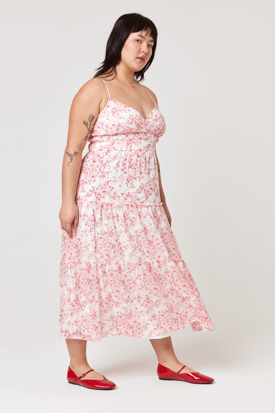 White Pink Floral Surplice Tiered Midi Dress - Trixxi Clothing