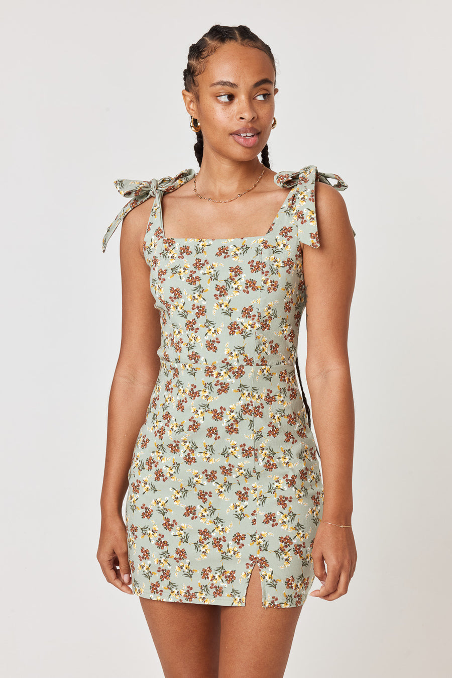 Sage Floral Tie Shoulder Slim Dress - Trixxi Clothing
