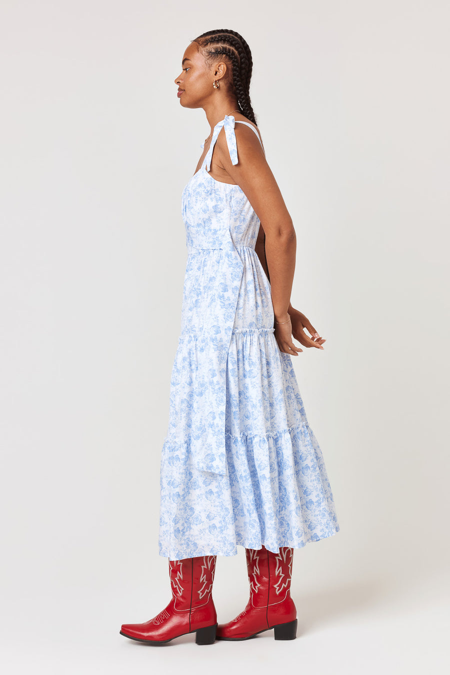 White Blue Floral Ruffle Midi Dress - Trixxi Clothing