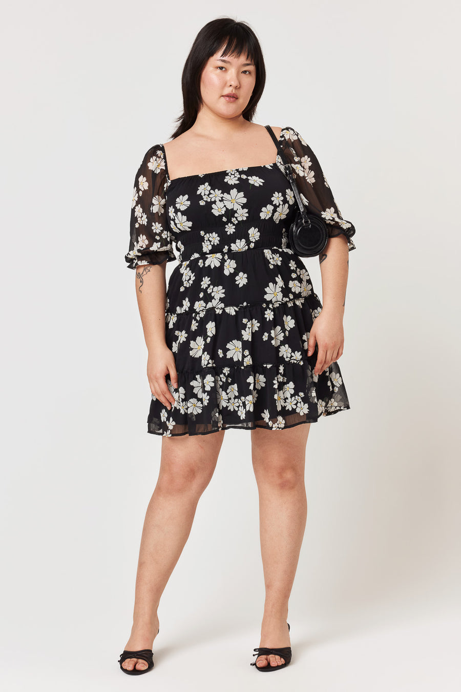 Black Floral Ruched Waist Tier Dress - Trixxi Clothing