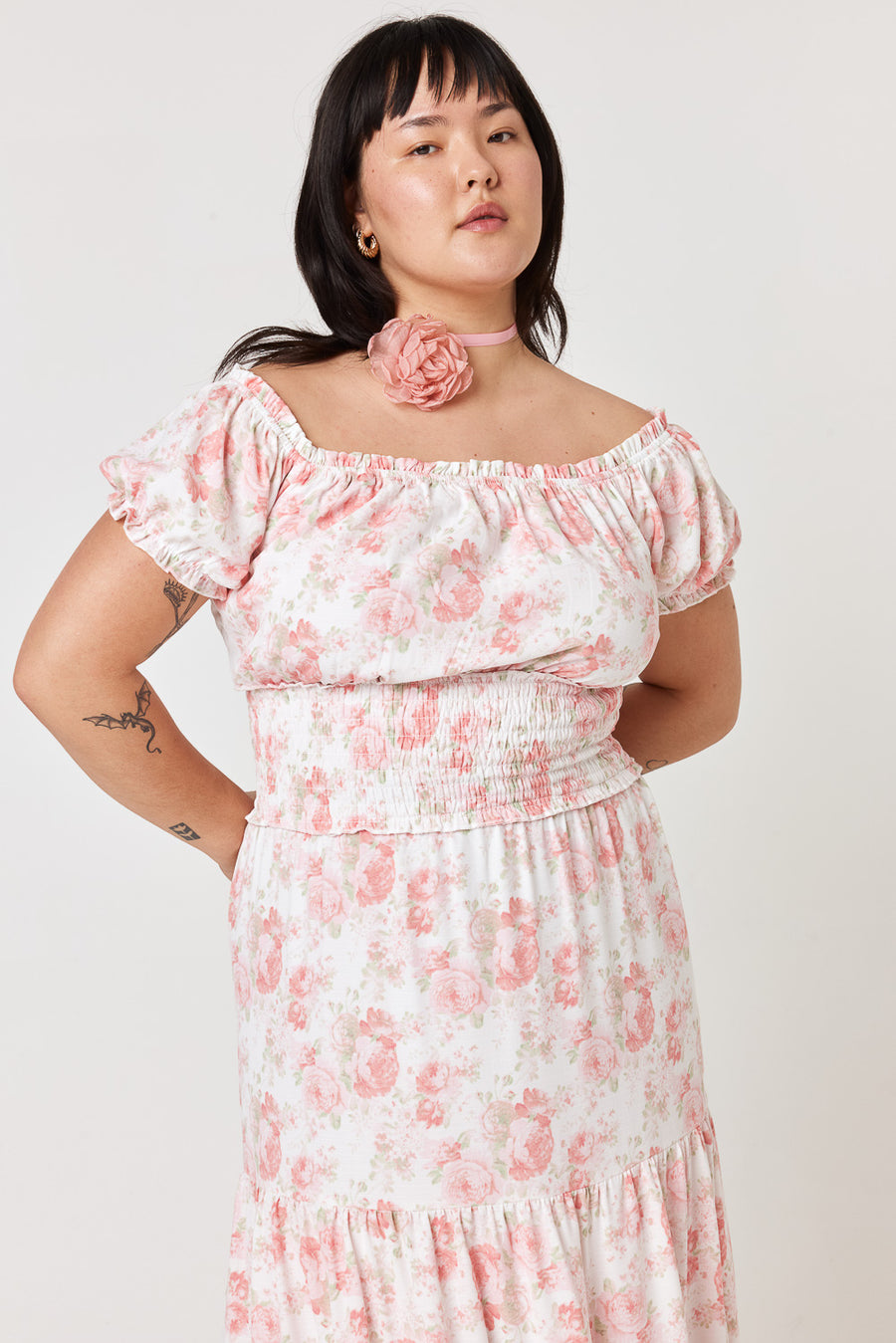 White Pink Floral Off The Shoulder Midi Dress - Trixxi Clothing