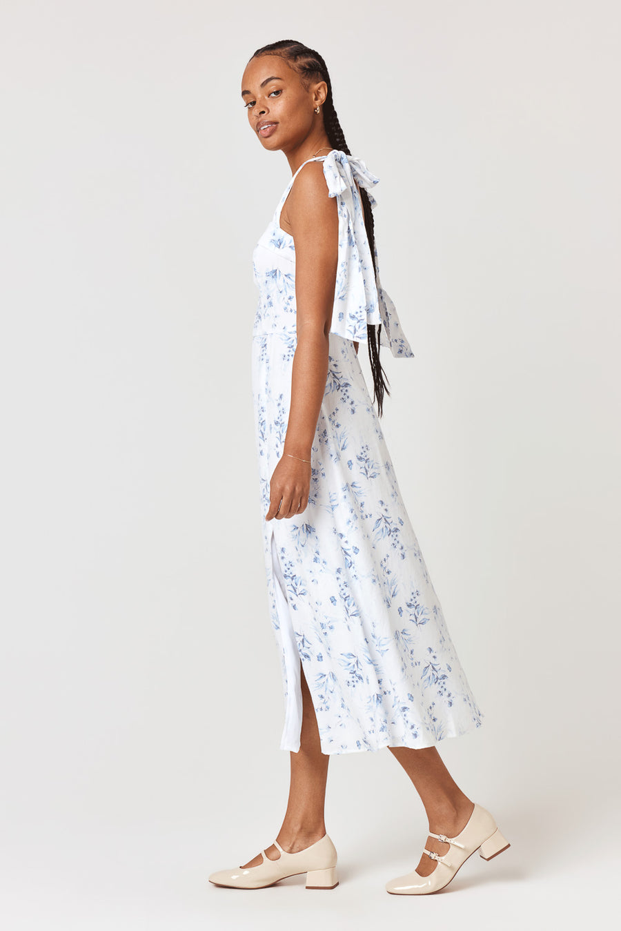White Blue Floral Tie Shoulder Midi Dress - Trixxi Clothing