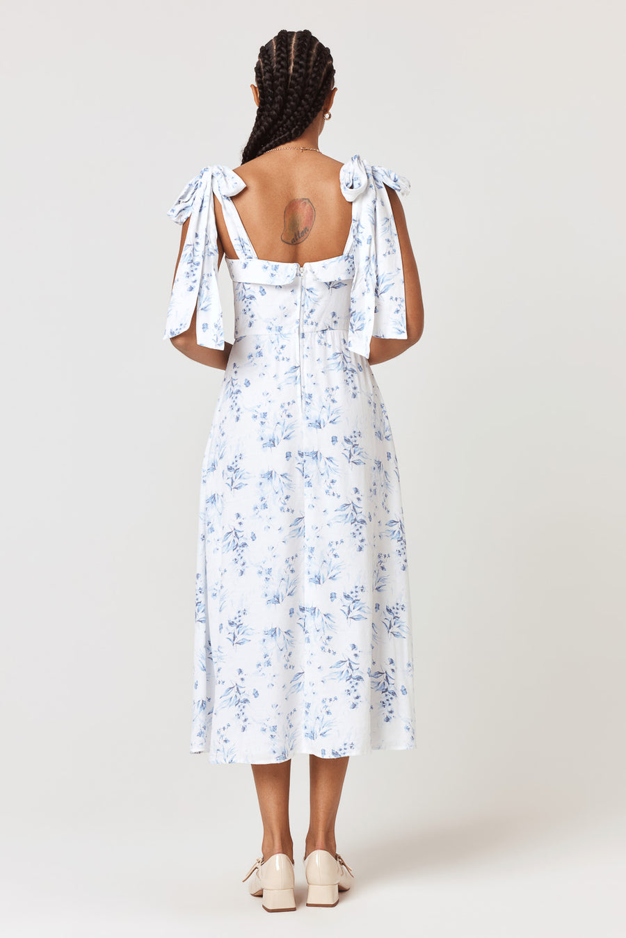 White Blue Floral Tie Shoulder Midi Dress - Trixxi Clothing