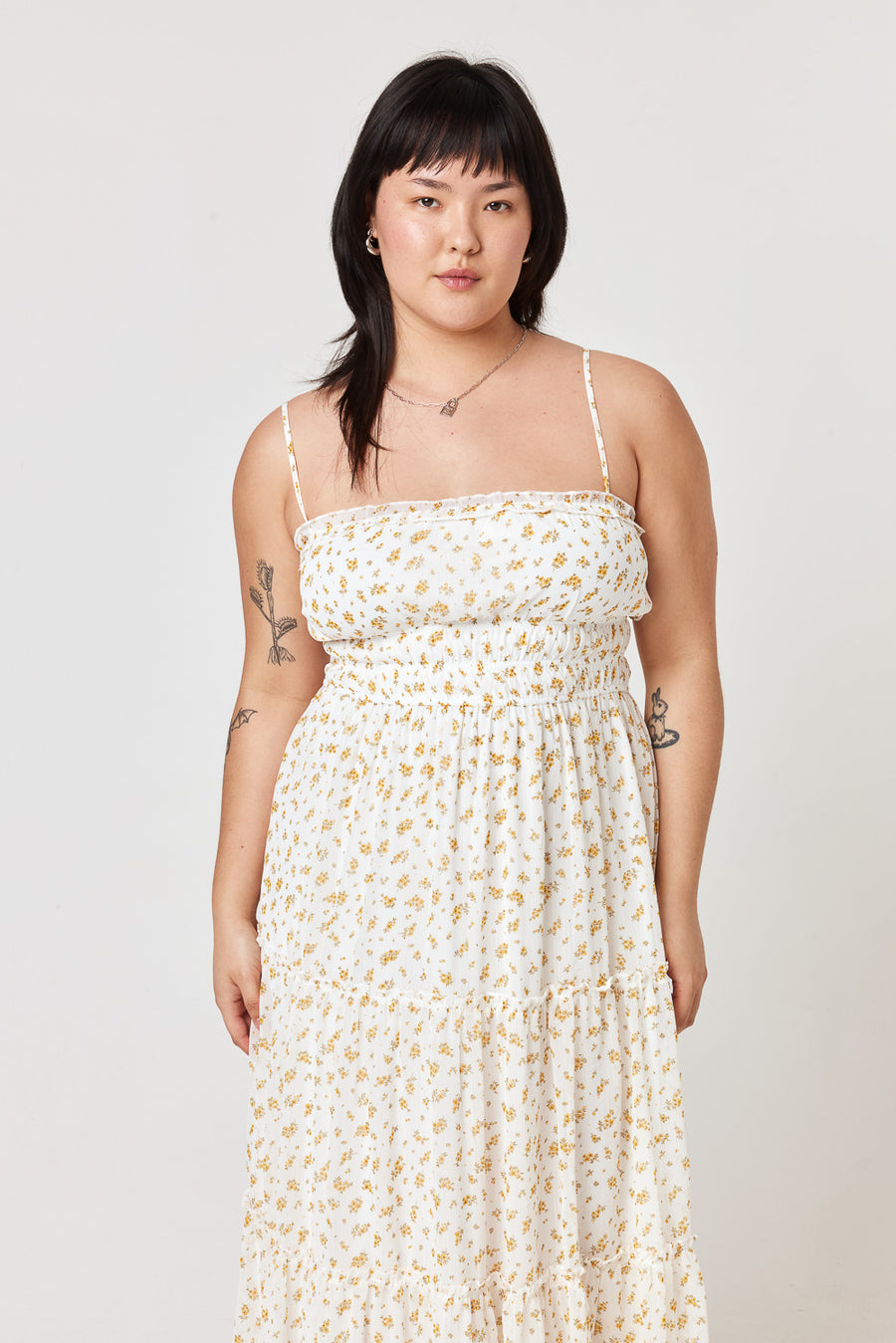White Yellow Floral Emma Tier Midi Dress - Trixxi Clothing