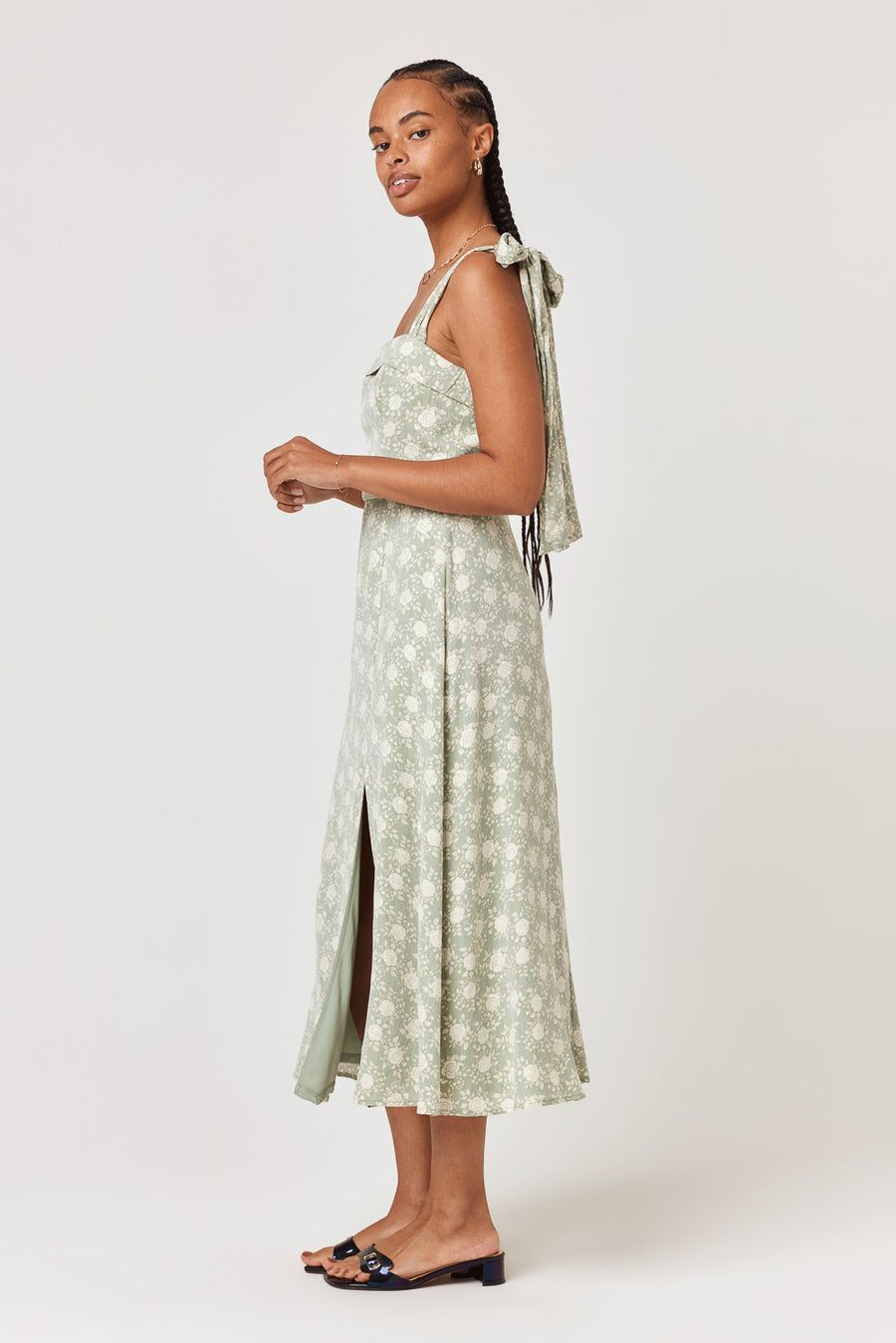 Sage Floral Tie Shoulder Midi Dress - Trixxi Clothing