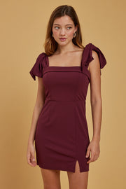 Wine Shoulder Tie Dress - Trixxi Clothing