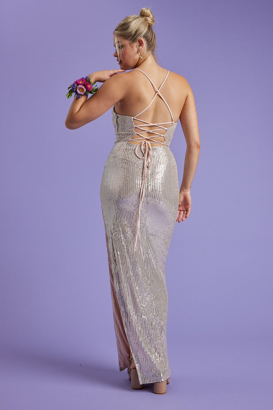 Silver Sequin Laced Back Maxi Dress - Trixxi Clothing