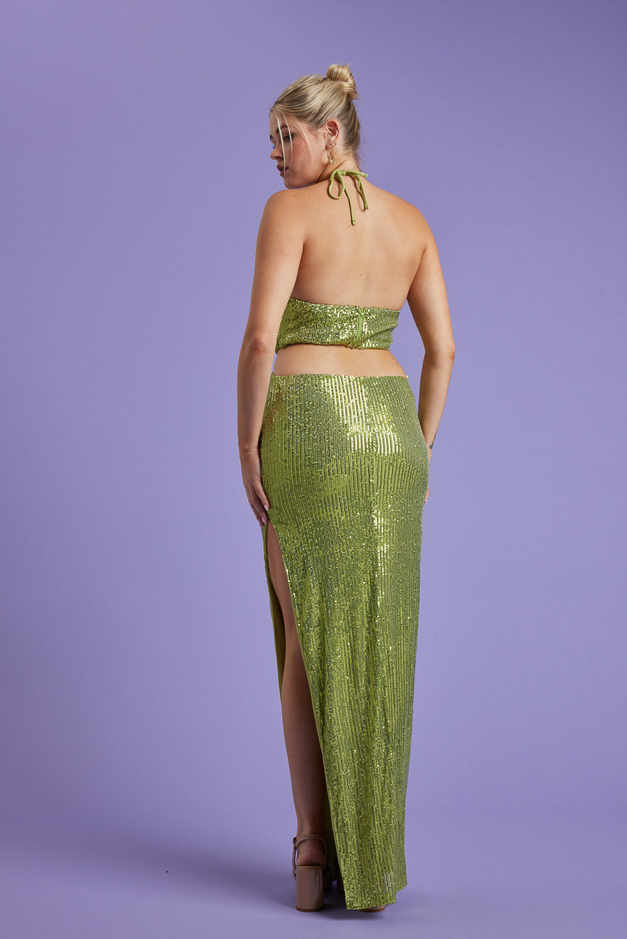 Lime Sequin Halter Maxi Party Dress - Trixxi Clothing