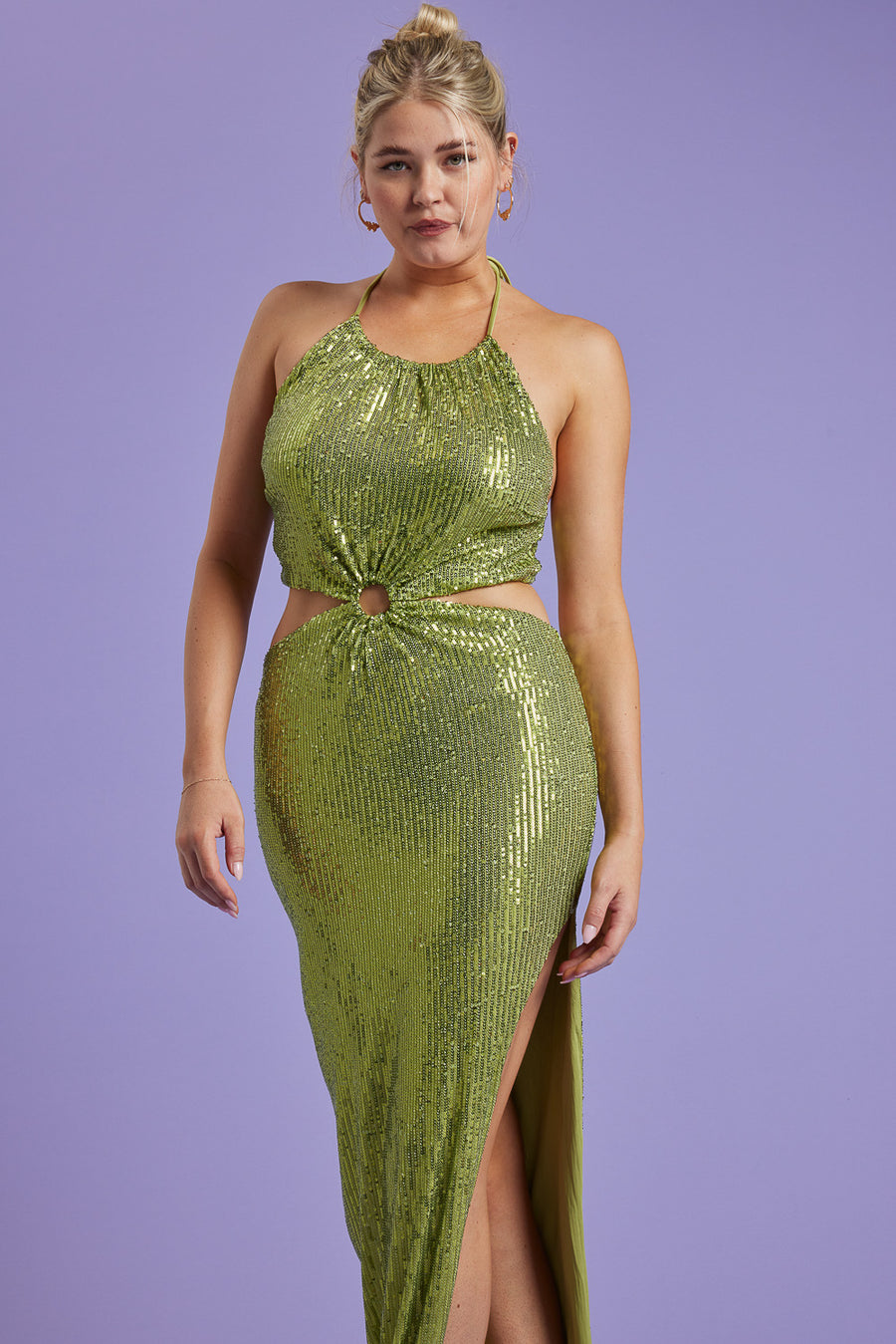Lime Sequin Halter Maxi Party Dress - Trixxi Clothing