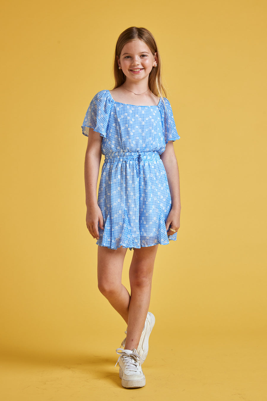 Kids Blue White Print Godet Romper - Trixxi Clothing