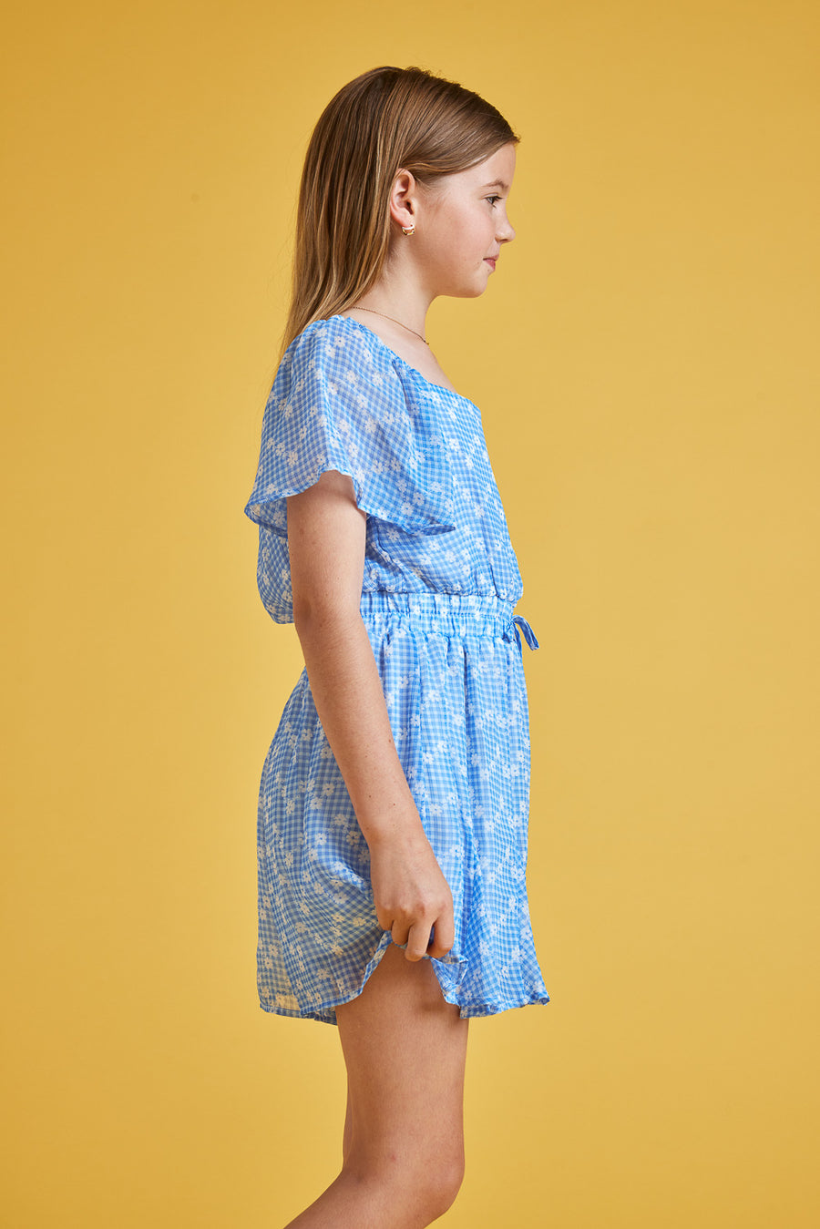 Kids Blue White Print Godet Romper - Trixxi Clothing