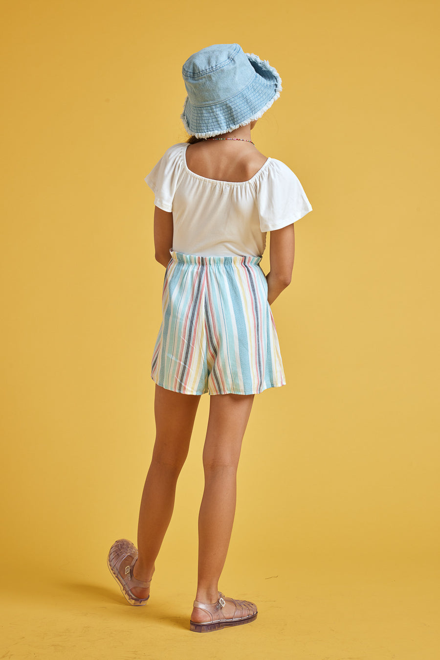 Kids Ivory Multi Short Sleeve Paperbag Romper - Trixxi Clothing