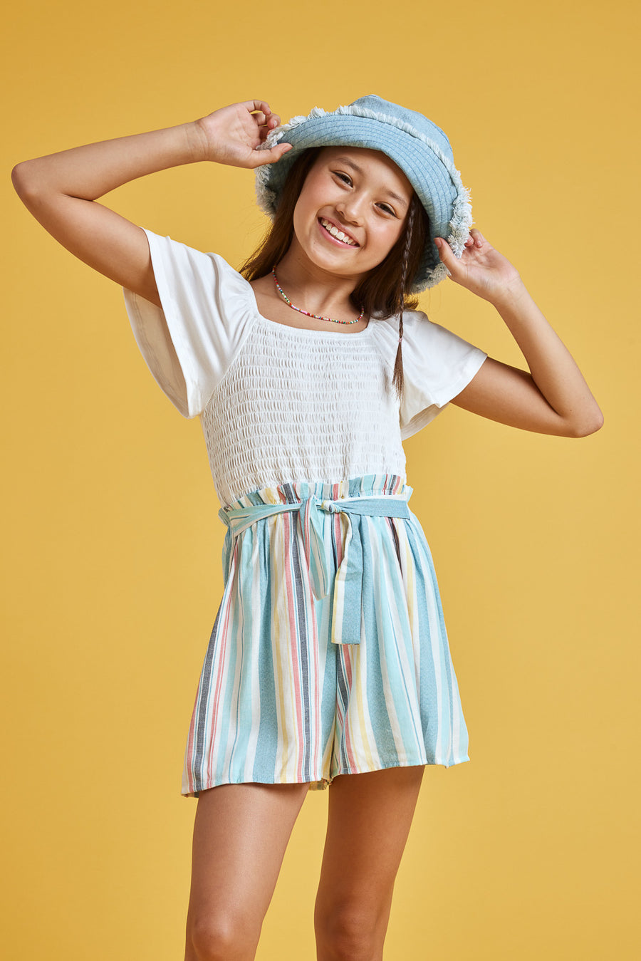 Kids Ivory Multi Short Sleeve Paperbag Romper - Trixxi Clothing