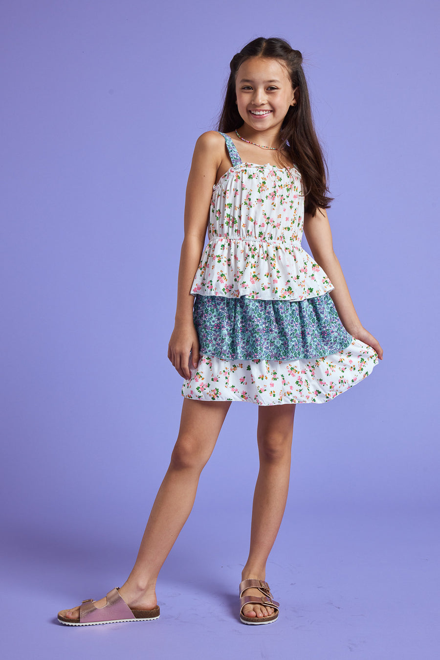 Kids Ivory Green Sleeveless Twin Print Dress - Trixxi Clothing