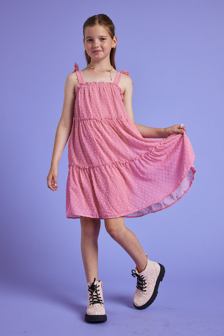 Kids Blush Tie Shoulder Clip Dot Dress - Trixxi Clothing