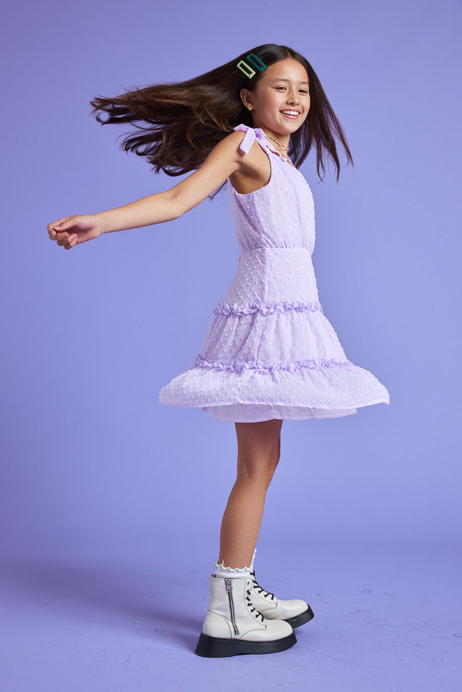 Kids Lavender Clip Dot Ruffle Dress - Trixxi Clothing