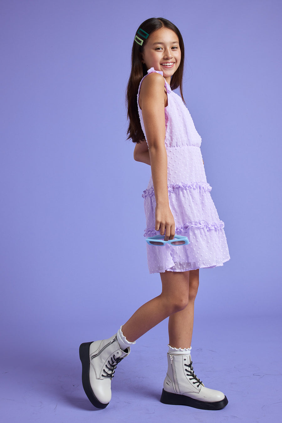 Kids Lavender Clip Dot Ruffle Dress - Trixxi Clothing