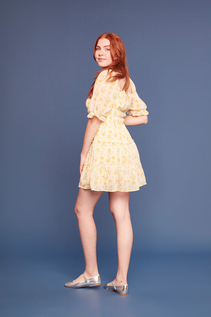 Yellow Floral Tier Sleeved Dress - Trixxi Clothing