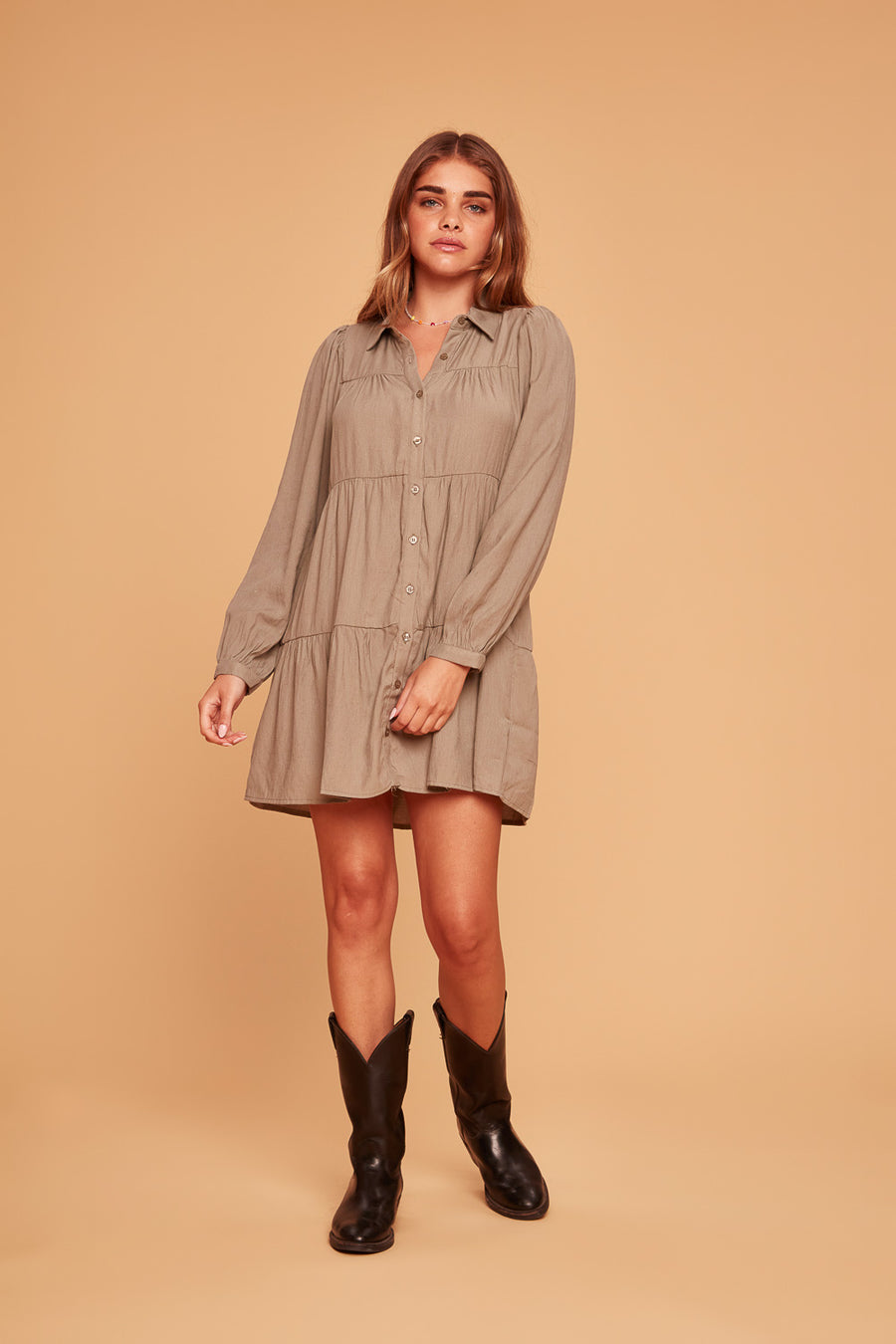Olive Long Sleeve Button Up Dress