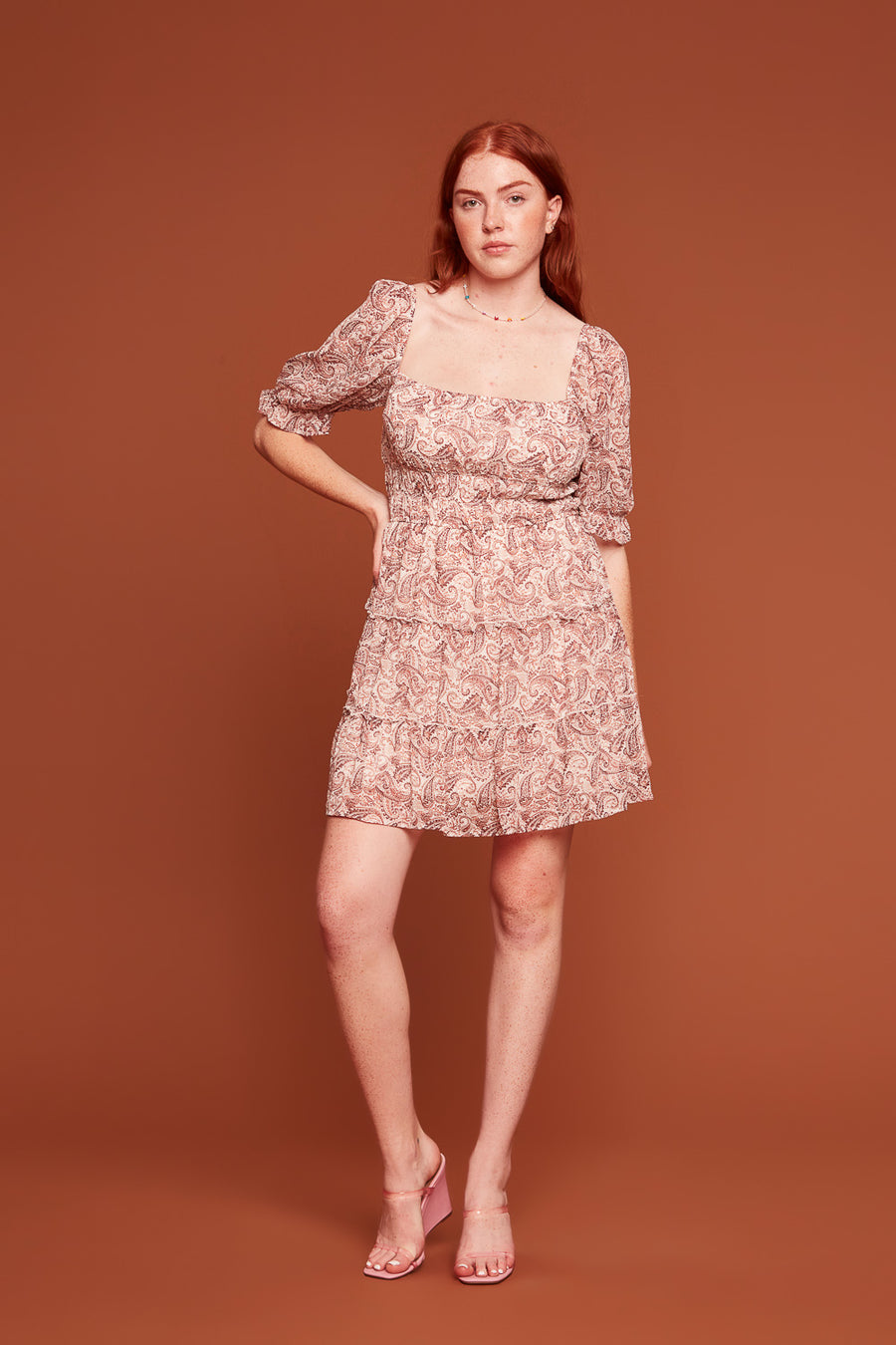Ivory Rust Floral Tier Dress - Trixxi Clothing